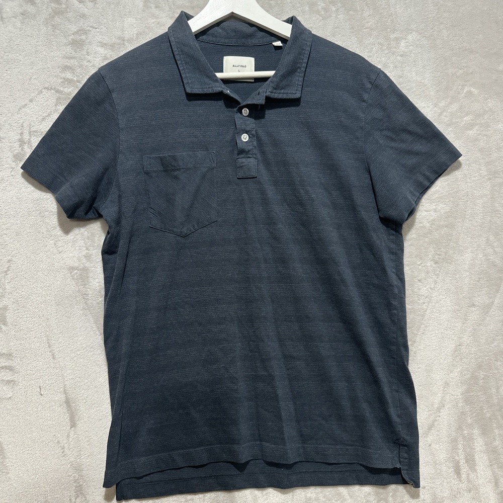 Billy Reid Polo Shirt Men's Size L Slim Black Striped Short Sleeve Chest Pocket